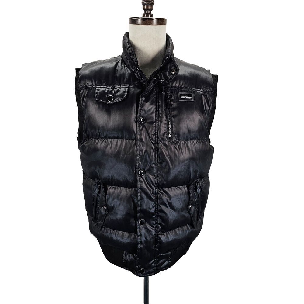 Steve's Jeans Puffer Vest Large Mens Black Zip Up Snap Button Pockets Mock Neck